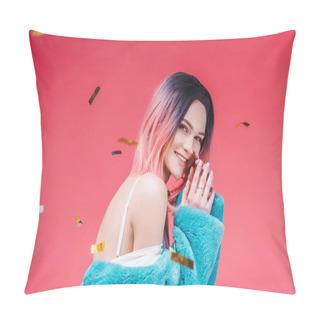 Personality  Happy Beautiful Girl Posing In Blue Fur Coat, Isolated On Pink With Confetti Pillow Covers