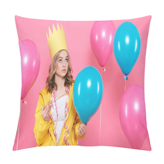 Personality  Funny Conceptual Photography. Cheeky Girl In Birthday Hat Holding Needle Pretending To Pop Birthday Balloons. Attractive Trendy Teenager Celebrating Birthday. Pillow Covers