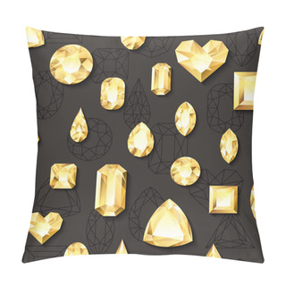 Personality  Vector Seamless Black Glossy Background With 3d Golden Gems, Jewels. Gold Shiny Diamonds With Different Cuts. Luxury Texture For Holiday Gift And Jewelry Shop. Pillow Covers