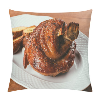 Personality  Fried Meat With Bone Inside Laying On Plate With Potatoes Over Wooden Surface  Pillow Covers