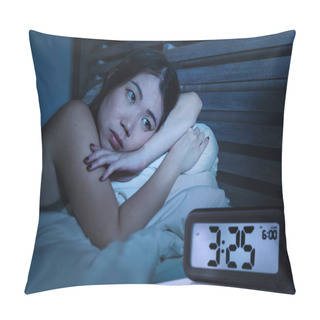 Personality  Lifestyle Portrait Of Young Pretty Depressed And Sad Asian Korean Woman Awake Having Insomnia Disorder Lying In Bed Sleepless Suffering Anxiety And Depression With Alarm Clock Late Night Hour Pillow Covers