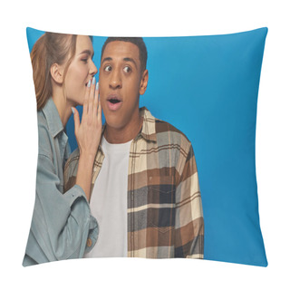 Personality  Young Woman Whispering In Ear Of Amazed African American On Blue Background, Sharing Secrets Pillow Covers