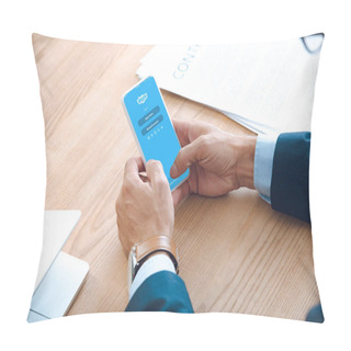 Personality  Cropped Shot Of Businessman Using Smartphone With Skype Application On Screen Pillow Covers