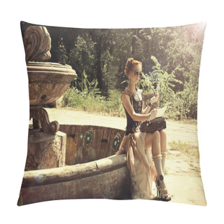 Personality  Attractive Redhair Steampunk Woman Smoking A Cigar. Pillow Covers