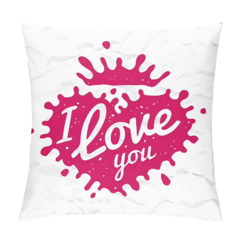 Personality  I love you lettering in heart shape splash vector design. Retro scottish luckenbooth symbol logo concept. Bright magenta ink on crumpled paper background. Valentine or wedding t-shirt illustration pillow covers