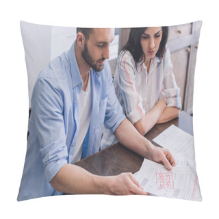 Personality  High Angle View Of Man Reading Document With Foreclosure And Final Notice Lettering Near Woman With Crossed Arms At Table Pillow Covers
