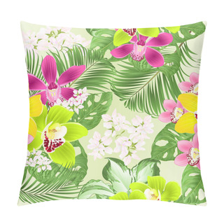 Personality  Seamless Texture Tropical Orchids Cymbidium Green And  Purple Yellow And Pink  Flowers And Monstera And Palm  On A White Background Vintage Vector Illustration Editable Hand Draw Pillow Covers
