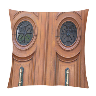 Personality  Vintage Wooden Door With Framed Door Panels And Round Windows Protected By Ornate Metal Lattices. Shiny Brass Door Handles On Aged Wood Surface Of Antique Double Door In Paris France. Symmetry Shapes. Pillow Covers