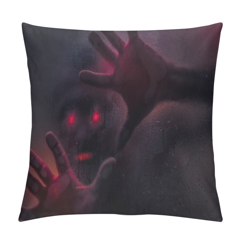 Personality  Horror scene of a man with bloody hand against wet shower glass. Toned image. Horror concept pillow covers