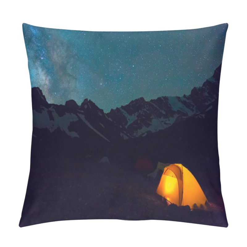 Personality  Night mountain landscape with illuminated tent pillow covers