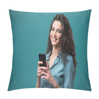 Personality  Smiling Young Woman With Mobile Pillow Covers
