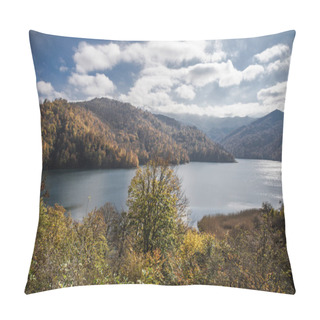 Personality  A Calm Evening Landscape With Lake And Mountains. Amazing View Of The Goy-Gol (Blue Lake) Lake Among Colorful Fall Forest At Ganja, Azerbaijan. Pillow Covers