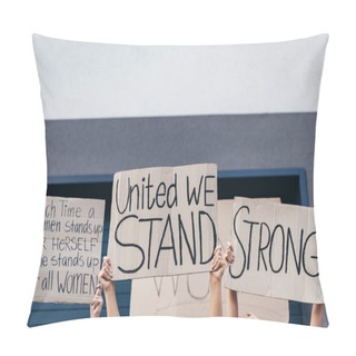 Personality  Cropped View Of Women Holding Placards With Feminist Slogans On Street Pillow Covers