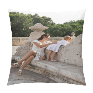 Personality  Smiling Woman Touching Daughter On Stone Bench Of Puente Del Mar Bridge In Valencia Pillow Covers