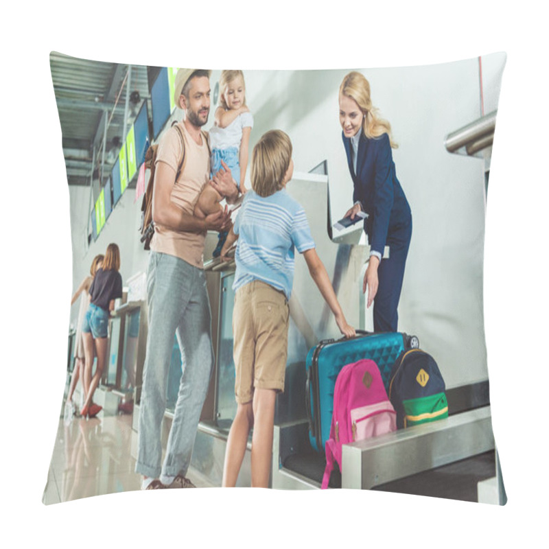 Personality  family at check in desk in airport pillow covers