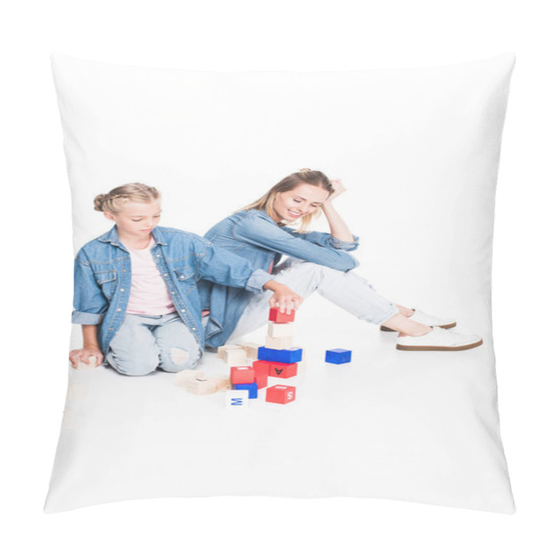 Personality  Mother And Daughter With Aphabet Blocks Pillow Covers