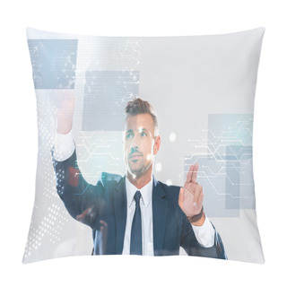 Personality  Handsome Businessman Touching Innovation Technology Interface Isolated On White, Artificial Intelligence Concept Pillow Covers