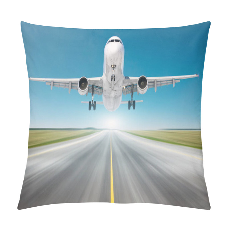 Personality  Airplane flying departure landing speed motion on a runway in the clear sky bright day. pillow covers