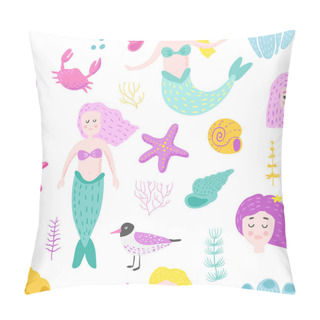 Personality  Mermaids Seamless Pattern In Childish Style. Kids Background With Cute Marine Girls And Abstract Elements For Fabric Textile, Wallpaper, Decoration. Vector Illustration Pillow Covers