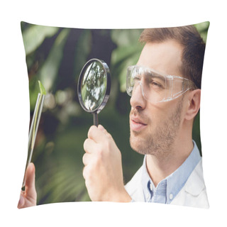 Personality  Handsome Scientist In White Coat And Goggles Looking At Flask With Plant Sample Through Magnifier In Orangery Pillow Covers