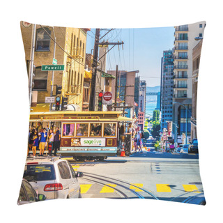 Personality  SAN FRANCISCO - September 22, 2015: Cable Car In The Heart Of San Francisco With Many Tourists On A Colorful Summer Day. Cable Car Of Powell-Hyde-Line At The Junction Of Powell Washington Street. Pillow Covers
