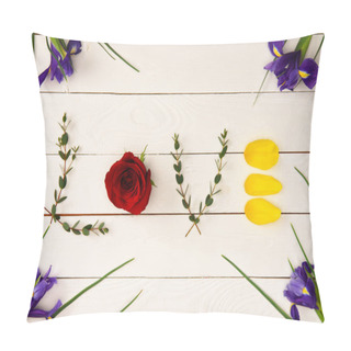 Personality  Top View Of Word Love Made From Floral Elements And Beautiful Iris Flowers On Wooden Surface Pillow Covers