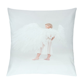 Personality  Beautiful Young Woman With Angel Wings Looking Away And Posing Isolated On White Pillow Covers