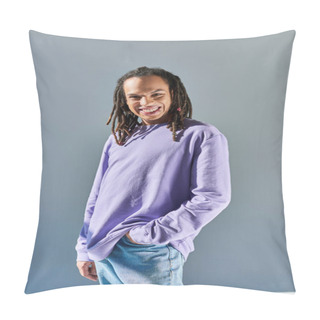 Personality  Cheerful Young African American Man In Casual Purple Sweatshirt Looking And Smiling At Camera Pillow Covers