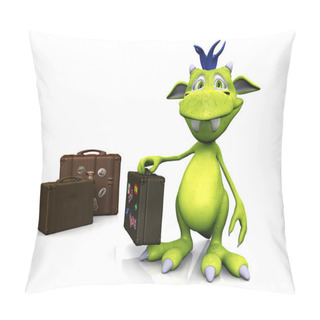 Personality  A Cute Friendly Cartoon Monster Holding A Travel Suitcase In His Hand. Two More Suitcases Are On The Floor Beside Him. The Monster Is Green With Blue Hair. Whit Pillow Covers