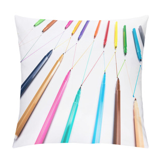 Personality  Selective Focus Of Felt-tip Pens On White Background With Connected Drawn Lines, Connection And Communication Concept Pillow Covers
