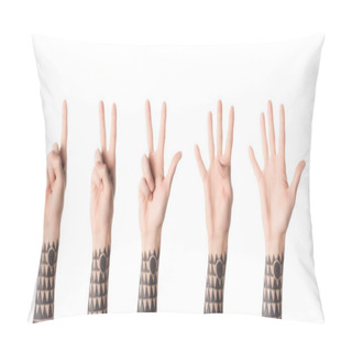 Personality  Collage Of Tattooed Man Showing Numbers With Hands Isolated On White Pillow Covers