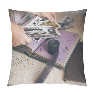 Personality  Woman Looking At Retro Photos In Vintage Album, Old Photo Film Pillow Covers