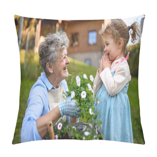 Personality  Senior Grandmother With Small Granddaughter Gardening Outdoors In Summer, Laughing. Pillow Covers