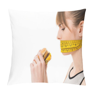 Personality  Woman With Mouth Tied In Measuring Tape Trying To Eat Burger Isolated On White Pillow Covers