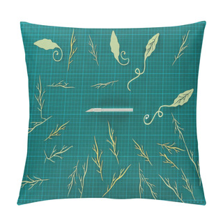 Personality  Top View Of Cut Paper Leaves And Twigs With Knife For Scrapbooking Decoration On Turquoise Scale Pillow Covers