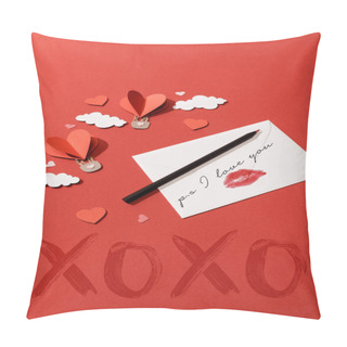 Personality  Paper Clouds And Heart Shaped Air Balloons And Envelope With Ps I Love You Lettering On Red Background Pillow Covers