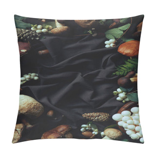 Personality  Top View Of Various Raw Edible Mushrooms On Black Fabric Pillow Covers