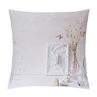 Personality  Soft Home Decor. Seashells And Glass Vase With Spikelets   On  White Wood Background.  Pillow Covers