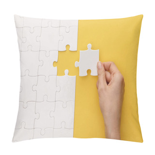 Personality  Cropped View Of Woman Putting Piece Of White Jigsaw Puzzle On Yellow Background Pillow Covers