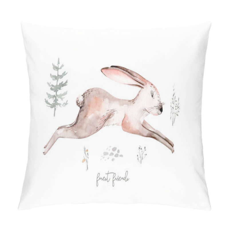 Personality  Woodland watercolor cute animals baby rabbit. Nursery bunny Scandinavian hare on forest nursery poster design. Isolated bunnies character pillow covers