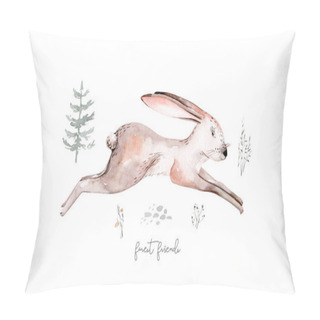 Personality  Woodland Watercolor Cute Animals Baby Rabbit. Nursery Bunny Scandinavian Hare On Forest Nursery Poster Design. Isolated Bunnies Character Pillow Covers