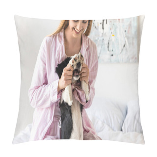Personality  Happy Woman In Pajamas And Cute Little Puppy Having Fun In Morning At Home Pillow Covers