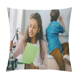 Personality  Teen African American Schoolgirl With Notebook On Stem Education Class Pillow Covers