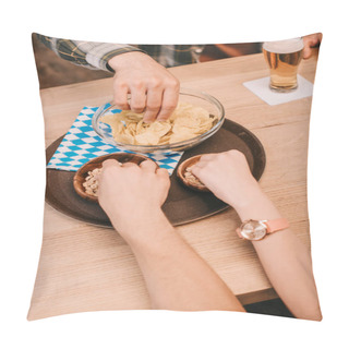 Personality  Cropped View Of Friends Taking Snacks From Bowls While Sitting Together In Pub Pillow Covers