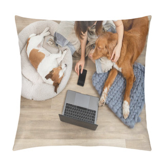 Personality  Two Dogs With A Girl Working On A Laptop At Home. Nova Scotia Duck Tolling Retriever And A Jack Russell Terrier Pillow Covers