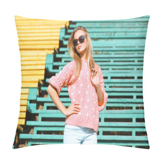 Personality  Fashion And People Concept - Pretty Blonde In Sunglasses Posing  Pillow Covers