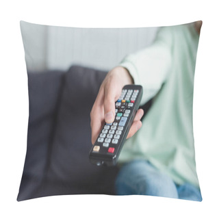 Personality  Cropped View Of Blurred Man Clicking Tv Channels On Remote Controller Pillow Covers
