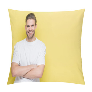 Personality  Happy Man Smiling At Camera While Standing With Crossed Arms On Yellow Pillow Covers