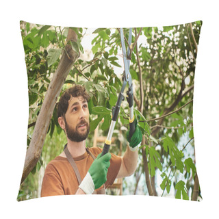 Personality  Handsome Gardener In Gloves And Apron Cutting Branch On Tree With Big Secateurs In Greenhouse Pillow Covers