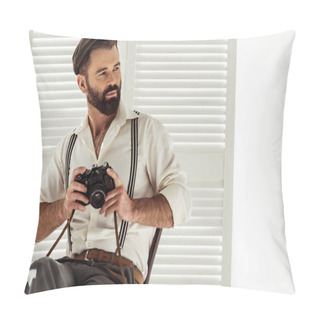 Personality  Handsome Bearded Man Sitting On Chair And Holding Vintage Film Camera  Pillow Covers